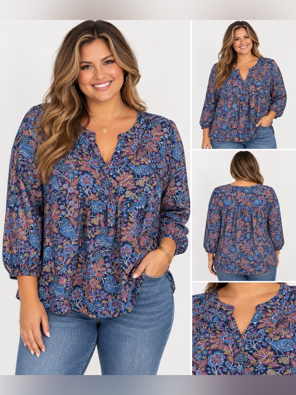 St. John’s Bay Women's Blue Floral Print V-Neck 3/4 Sleeve Blouse size 1X